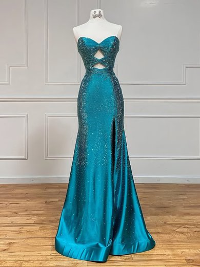 Glitter Sheath/Column Satin Sweetheart Beaded Split Prom Dresses #Milly020126245