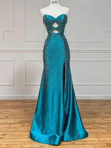 Sheath/Column Strapless Satin Cut Out Beaded Prom Dresses #Milly020126245
