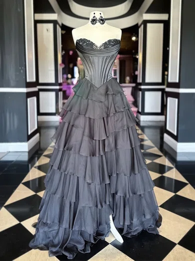 Ball Gown Strapless Satin Chiffon Tiered Prom Dresses With Appliques #Milly020126251