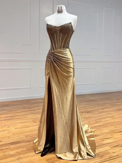 Sheath/Column V-neck Satin Beaded Prom Dresses With Ruched #Milly020126252