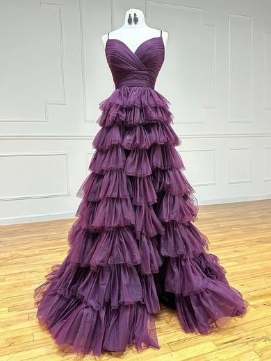 Modest Ball Gown/Princess Tulle V-neck Tiered Ruffle Prom Dresses #Milly020126257