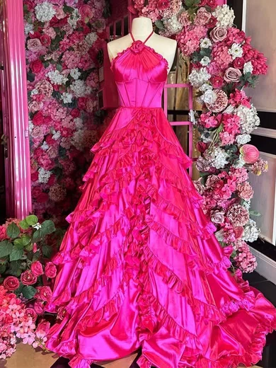 Ball Gown Halter Satin Ruffle Tiered Prom Dresses #Milly020126259