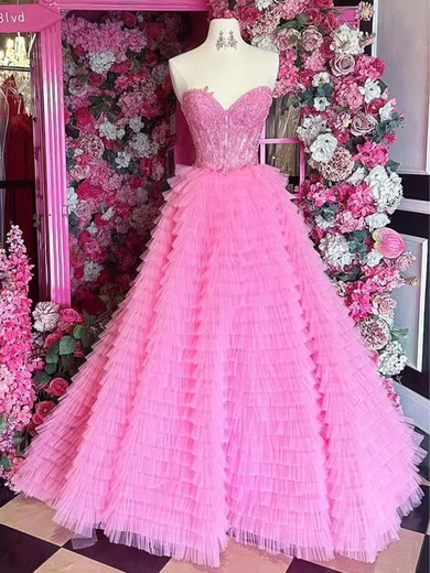 Ball Gown Strapless Tulle Ruffle Tiered Prom Dresses With Appliques #Milly020126262