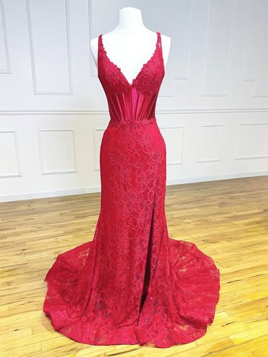 Elegant Sheath/Column Lace V-neck Beaded Split Prom Dresses #Milly020126266