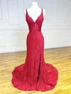 Elegant Sheath/Column Lace V-neck Beaded Split Prom Dresses #Milly020126266