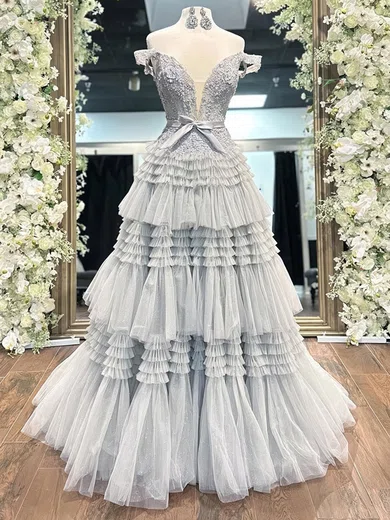 Ball Gown Off-the-shoulder Tulle Tiered Prom Dresses With Appliques #Milly020126267
