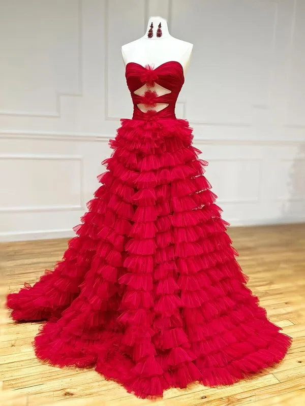 Puffy Red Tulle Ball Gown/Princess Cut Out Ruffle Prom Dresses #Milly020126269