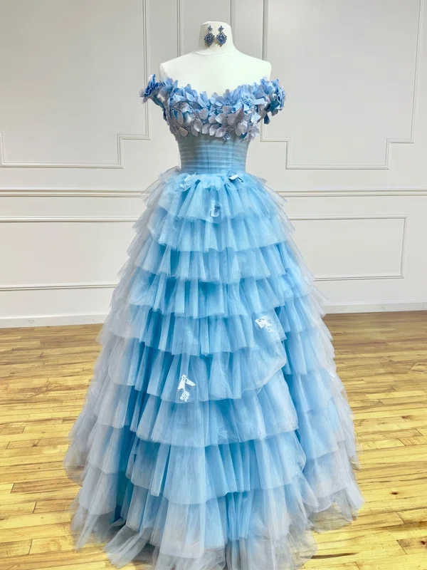 Cute Ball Gown/Princess Tulle Tiered Pearl Floral Prom Dresses #Milly020126282