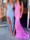 Mermaid V-neck Tulle Prom Dresses With Feather #Milly020126284