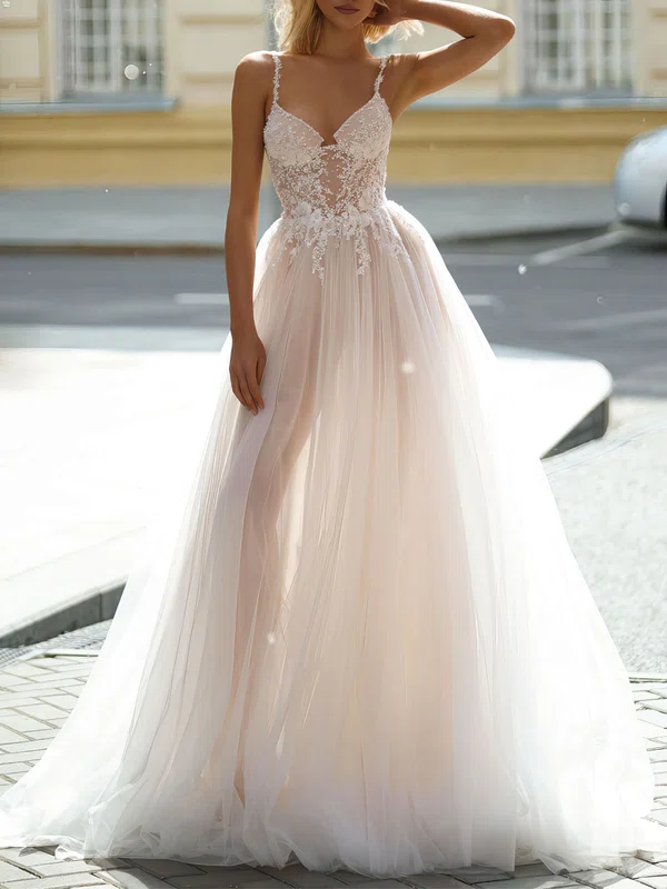 Ball Gown V-neck Tulle Chapel Train Wedding Dress #Milly00026934