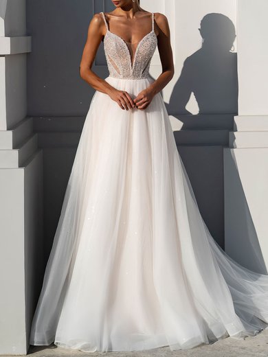 Ball Gown V-neck Tulle Chapel Train Wedding Dress #Milly00026936