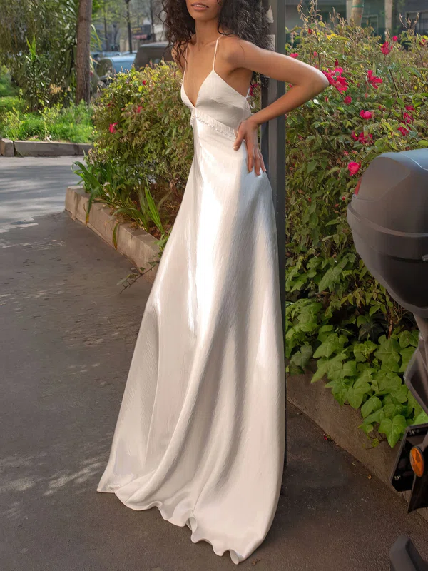 A-line V-neck Satin Chapel Train Wedding Dress #Milly00026938