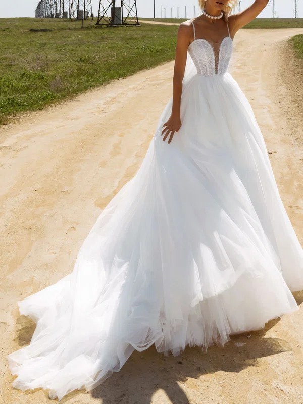 Ball Gown V-neck Tulle Watteau Train Wedding Dress #Milly00026944