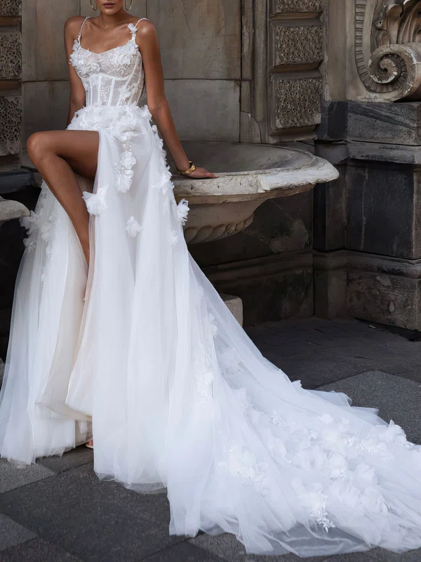 Ball Gown V-neck Tulle Watteau Train Wedding Dress #Milly00026952