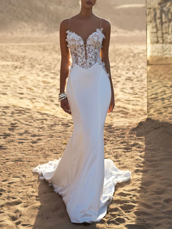 Trumpet/Mermaid V-neck Stretch Crepe Chapel Train Wedding Dress #Milly00026957