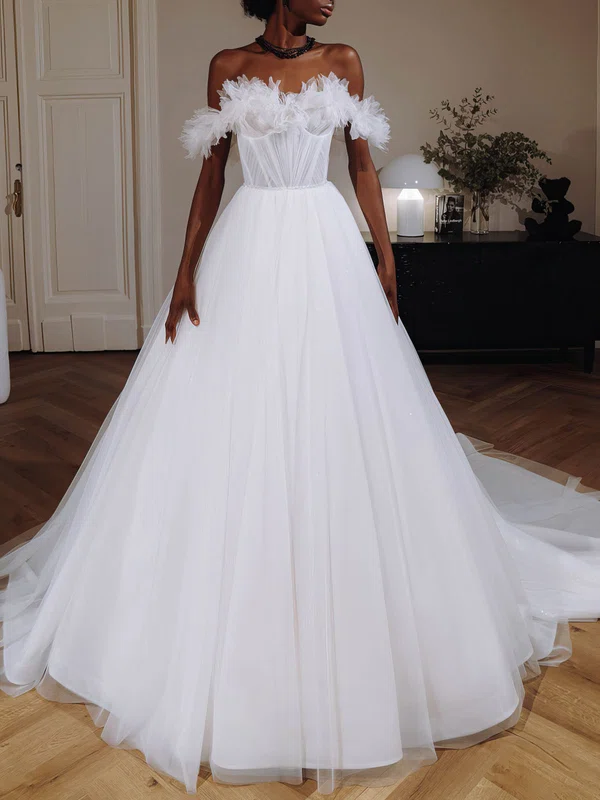 Ball Gown Off-the-shoulder Tulle Watteau Train Wedding Dress #Milly00026964