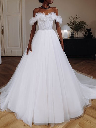 Ball Gown Off-the-shoulder Tulle Watteau Train Wedding Dress #Milly00026964