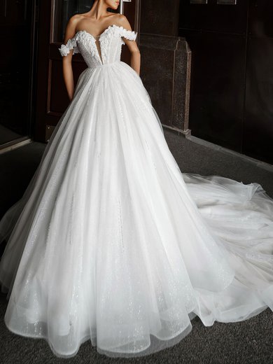 Ball Gown Off-the-shoulder Tulle Glitter Watteau Train Wedding Dress #Milly00026965