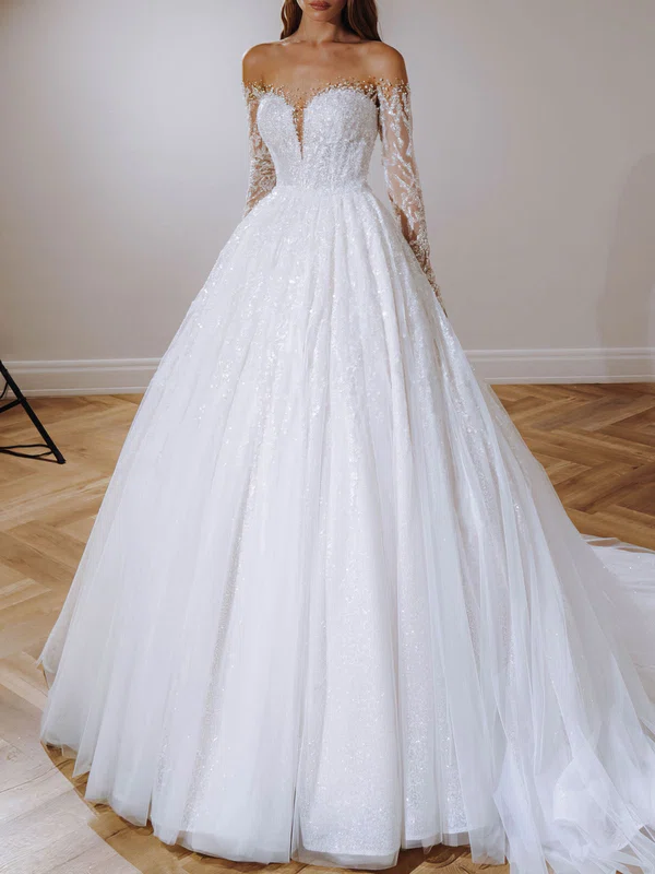 Ball Gown Illusion Glitter Watteau Train Wedding Dress #Milly00026977