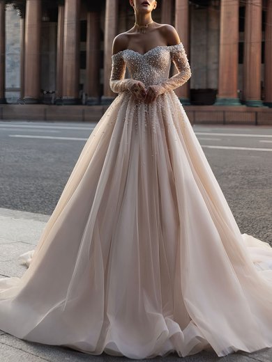 Ball Gown Off-the-shoulder Tulle Watteau Train Wedding Dress #Milly00026980