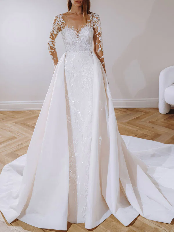 Ball Gown Illusion Lace Satin Watteau Train Wedding Dress #Milly00026981