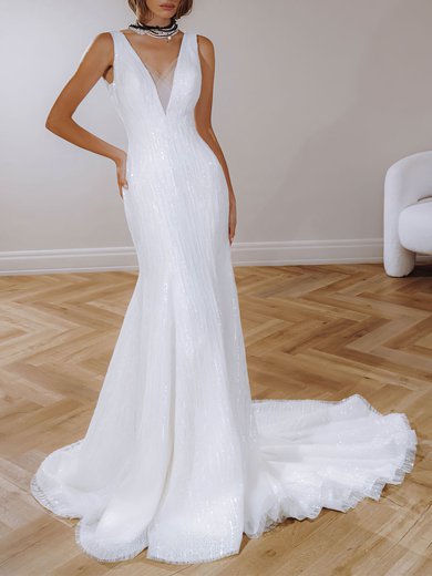 Trumpet/Mermaid V-neck Tulle Sequined Watteau Train Wedding Dress #Milly00026982