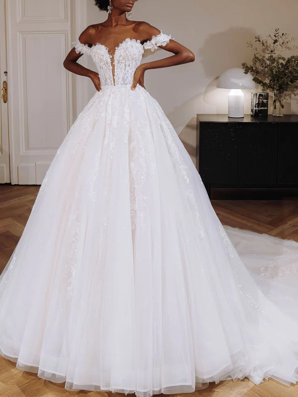 Ball Gown Off-the-shoulder Tulle Watteau Train Wedding Dress #Milly00026984