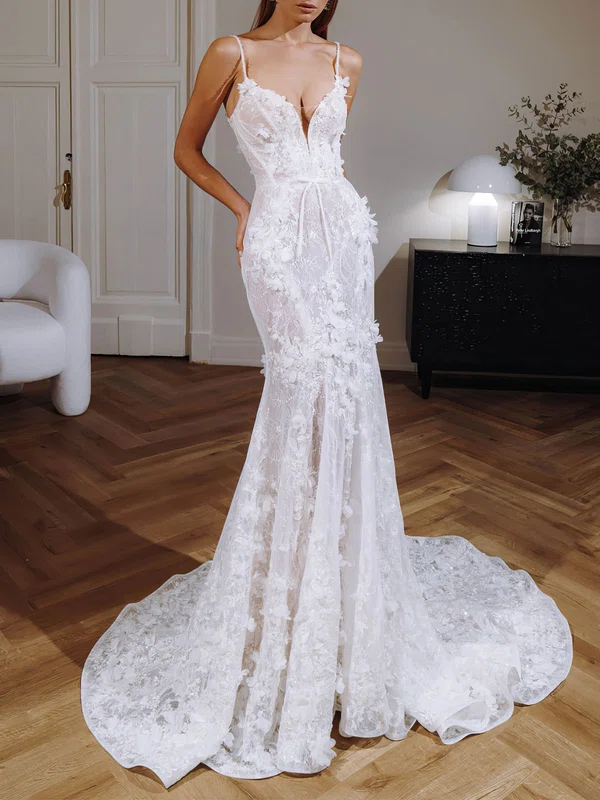 Trumpet/Mermaid V-neck Lace Watteau Train Wedding Dress #Milly00026986