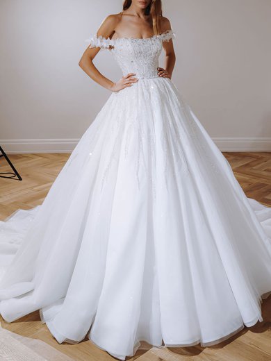 Ball Gown Off-the-shoulder Tulle Watteau Train Wedding Dress #Milly00026993