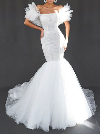 Trumpet/Mermaid Off-the-shoulder Tulle Chapel Train Wedding Dress #Milly00026995