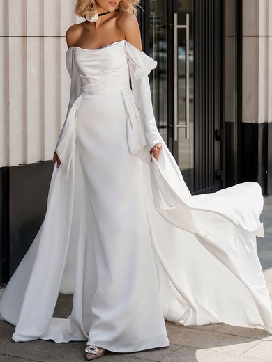 Sheath/Column Off-the-shoulder Satin Chapel Train Wedding Dress #Milly00027005