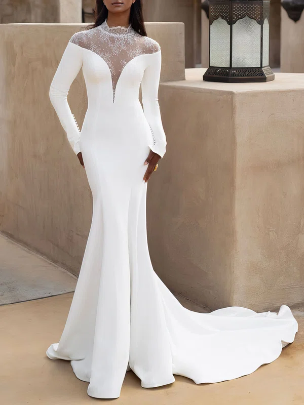 Trumpet/Mermaid High Neck Stretch Crepe Chapel Train Wedding Dress #Milly00027008