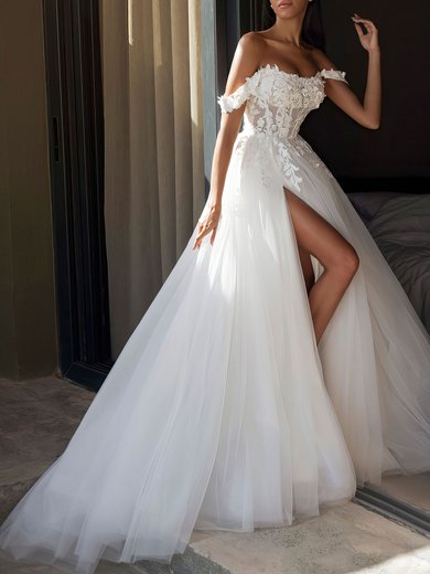 Ball Gown Off-the-shoulder Tulle Chapel Train Wedding Dress #Milly00027011