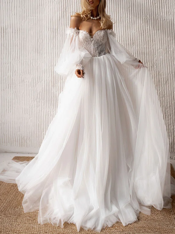 Ball Gown Sweetheart Tulle Lace Chapel Train Wedding Dress #Milly00027014