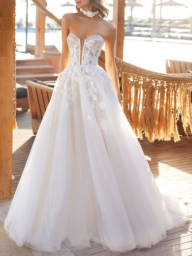 Ball Gown V-neck Tulle Chapel Train Wedding Dress #Milly00027016