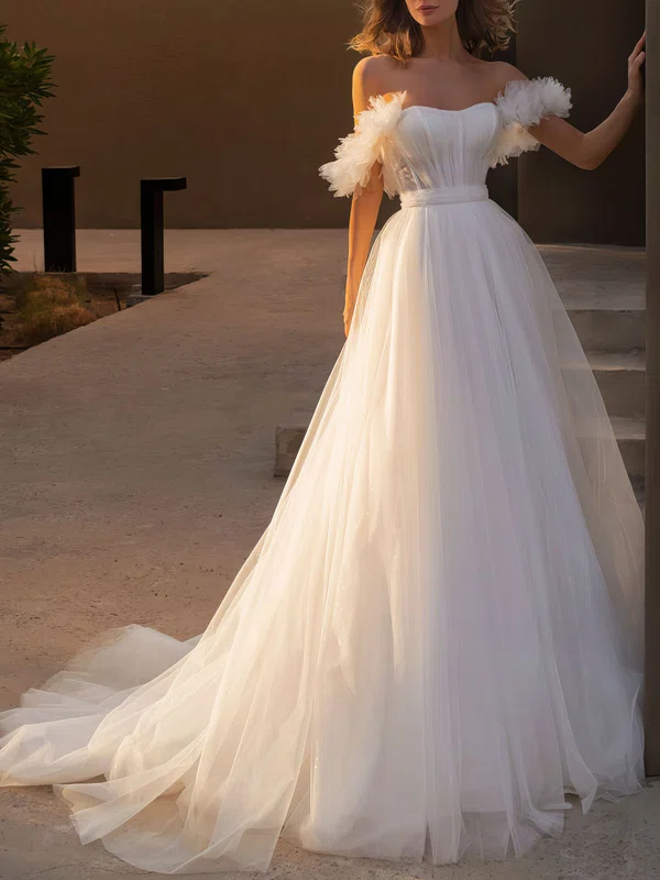 Ball Gown Sweetheart Tulle Glitter Watteau Train Wedding Dress #Milly00027017