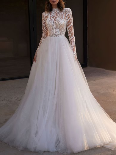 Ball Gown High Neck Lace Tulle Chapel Train Wedding Dress #Milly00027024