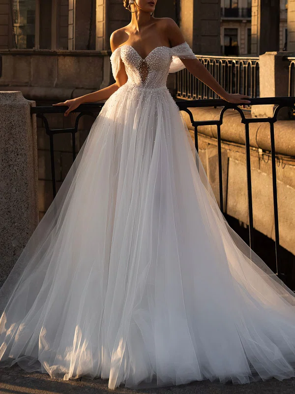 Ball Gown Off-the-shoulder Tulle Chapel Train Wedding Dress #Milly00027025