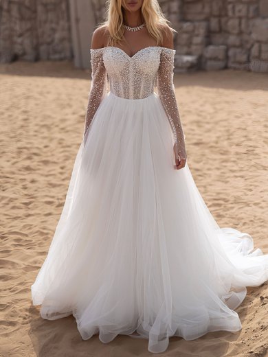 Ball Gown Off-the-shoulder Tulle Watteau Train Wedding Dress #Milly00027026