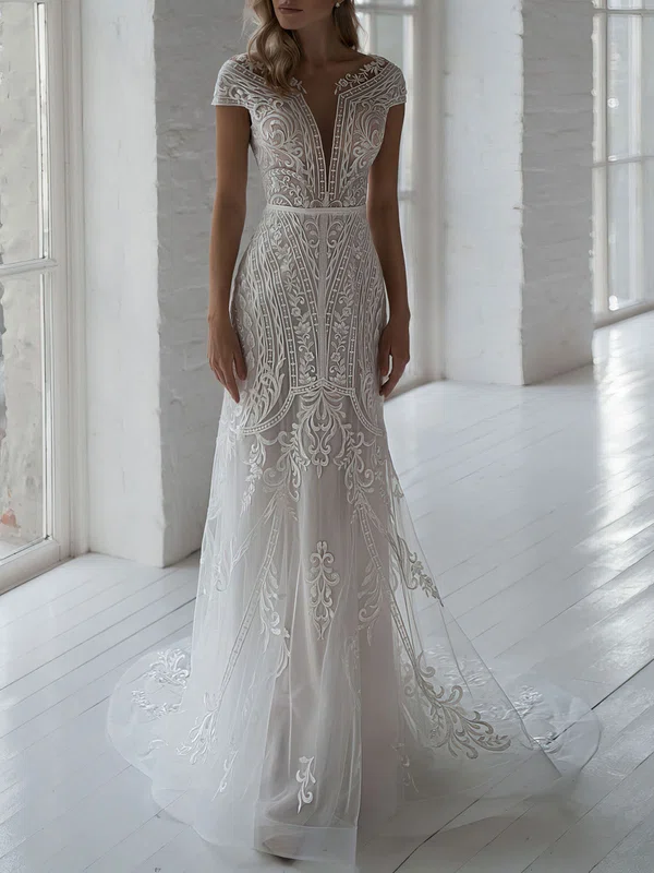 Trumpet/Mermaid V-neck Lace Chapel Train Wedding Dress #Milly00027040