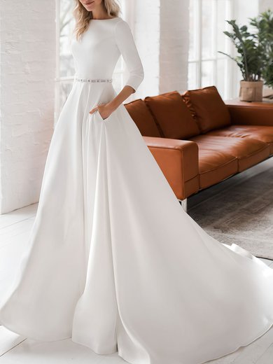 A-line Boat Neckline Stretch Crepe Court Train Wedding Dress #Milly00027041