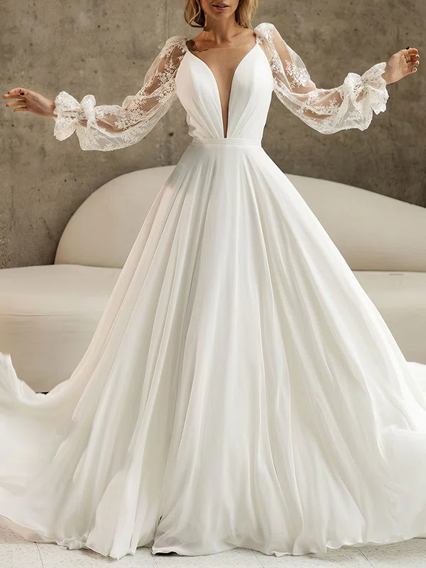 A-line Illusion Lace Chiffon Chapel Train Wedding Dress #Milly00027044