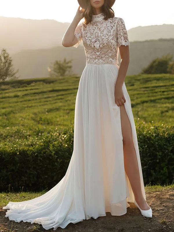 A-line High Neck Lace Chiffon Court Train Wedding Dress #Milly00027050