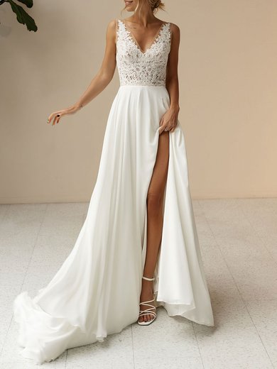 A-line V-neck Lace Chiffon Court Train Wedding Dress #Milly00027053