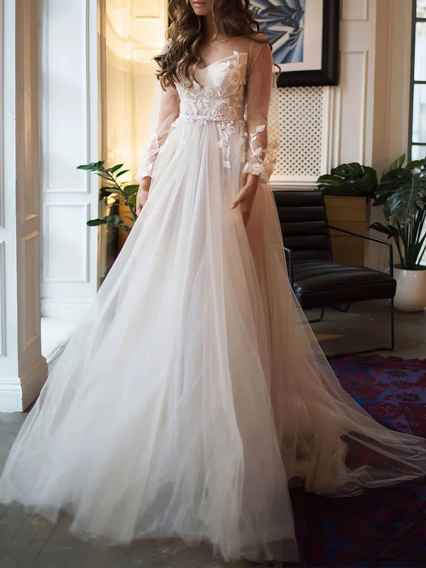 Ball Gown Illusion Tulle Chapel Train Wedding Dress #Milly00027056