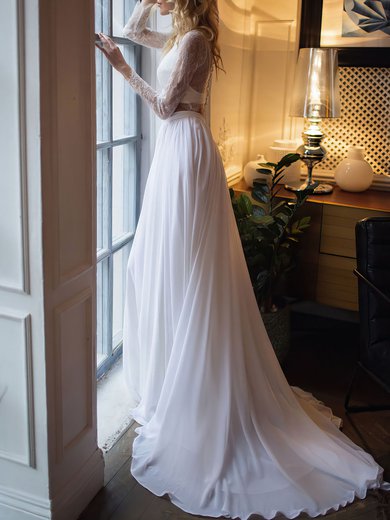 A-line Boat Neckline Lace Chiffon Chapel Train Wedding Dress #Milly00027057