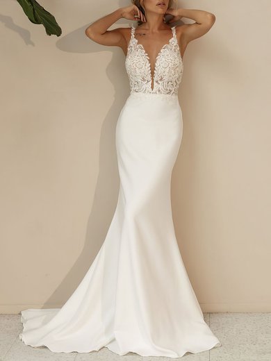 Trumpet/Mermaid V-neck Stretch Crepe Chapel Train Wedding Dress #Milly00027058