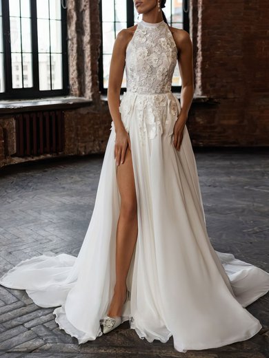 A-line High Neck Chiffon Watteau Train Wedding Dress #Milly00027063