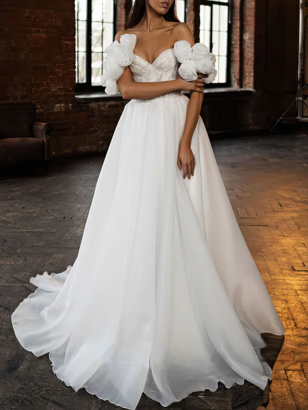 Ball Gown Off-the-shoulder Satin Chiffon Watteau Train Wedding Dress #Milly00027067