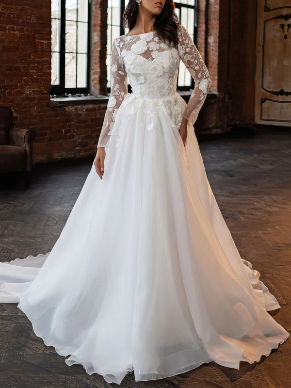 Ball Gown Boat Neckline Lace Organza Watteau Train Wedding Dress #Milly00027069